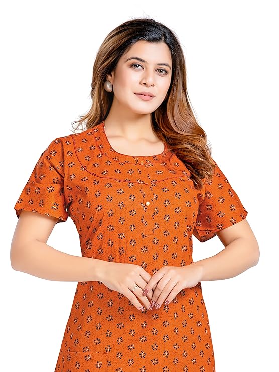 YOZLY Women's Cotton Maxi Nighty Gown with Pocket saffron