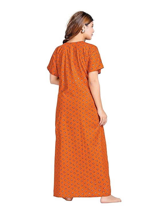 YOZLY Women's Cotton Maxi Nighty Gown with Pocket saffron