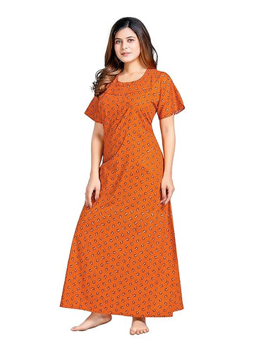 YOZLY Women's Cotton Maxi Nighty Gown with Pocket saffron