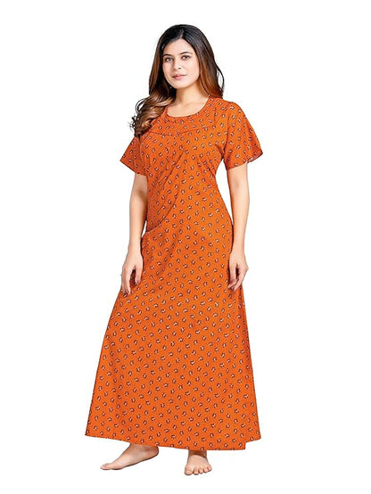 YOZLY Women's Cotton Maxi Nighty Gown with Pocket saffron