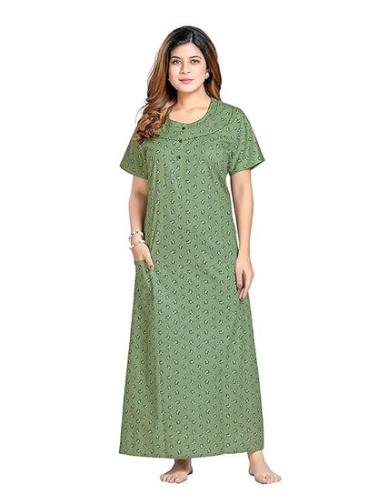 YOZLY Women's Cotton Maxi Nighty Gown with Pocket light green