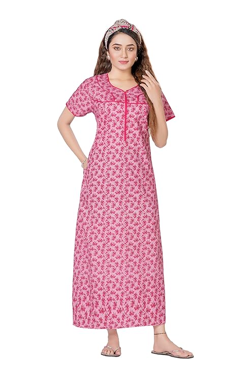 YOZLY Women's Cotton Maxi Nighty Gown with Pocket pink