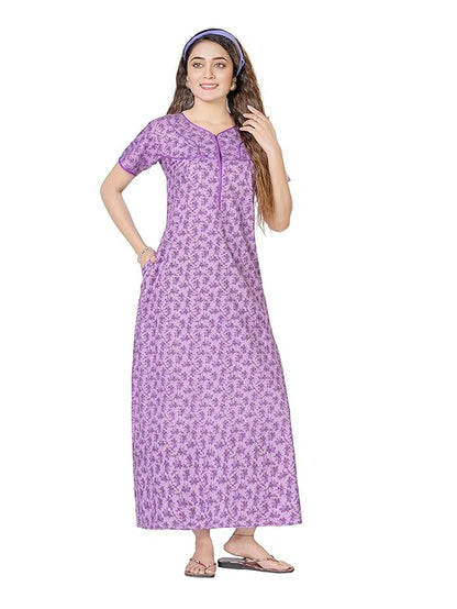 YOZLY Women's Cotton Maxi Nighty Gown with Pocket purple