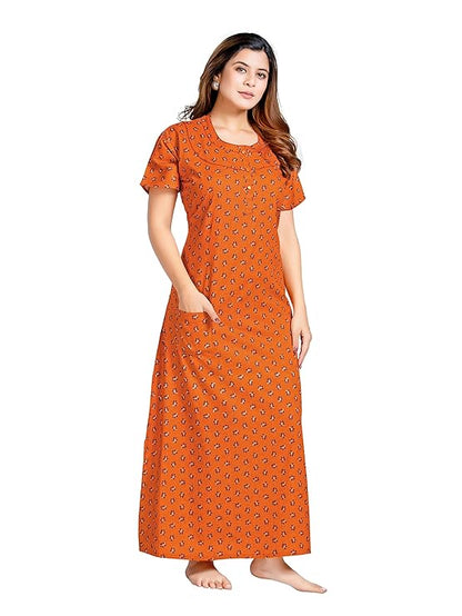 YOZLY Women's Cotton Maxi Nighty Gown with Pocket saffron