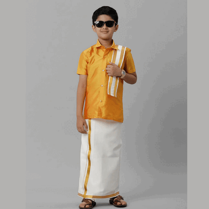 Ramraj's Boy's Silk Cotton Yellow Half Sleeves Shirt with Adjustable Cream Dhoti Towel Combo