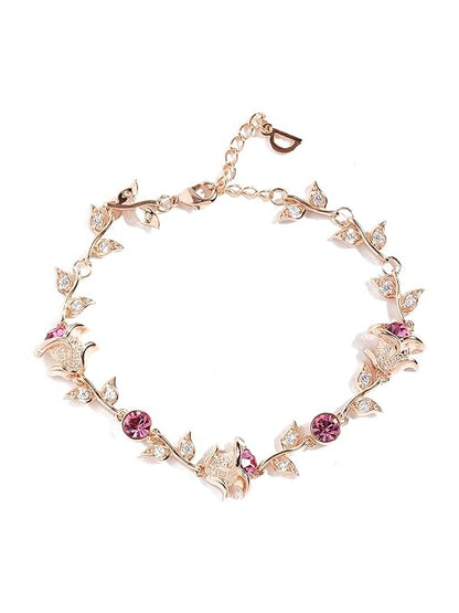 Yellow Chimes Pendant Earrings Bracelet Set for Women A5 Crystal Pink Rose 18K Rose Gold Plated Crystal Pendant Earrings Bracelet