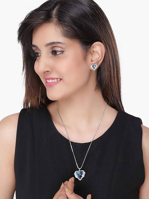 Yellow Chimes Pendant Set for Women and Girls A5 High Grade Crystal Pendant Set Silver Tone Pendant With Earrings heart