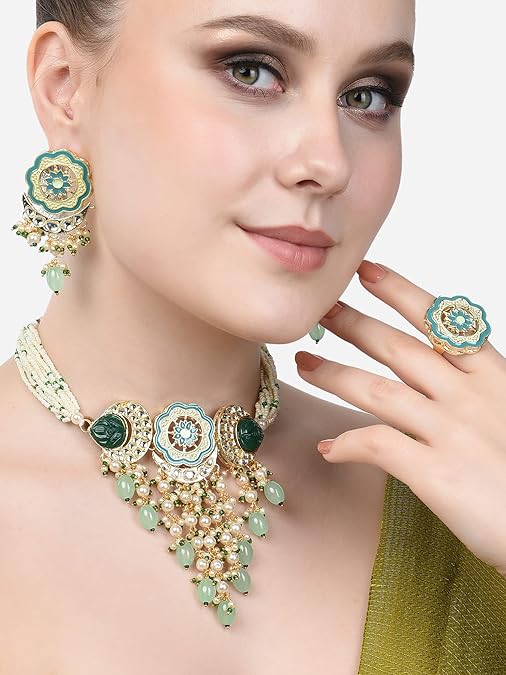 ZAVERI PEARLS Turquoise Blue & Green Meenakari Cascading Waterfall Beads Necklace Earring & Ring Set For Women