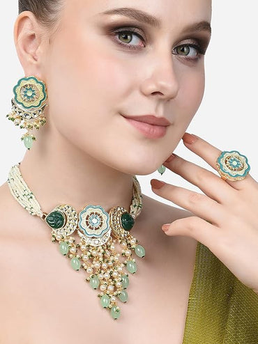 ZAVERI PEARLS Turquoise Blue & Green Meenakari Cascading Waterfall Beads Necklace Earring & Ring Set For Women