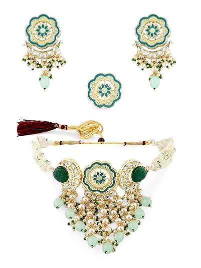 ZAVERI PEARLS Turquoise Blue & Green Meenakari Cascading Waterfall Beads Necklace Earring & Ring Set For Women