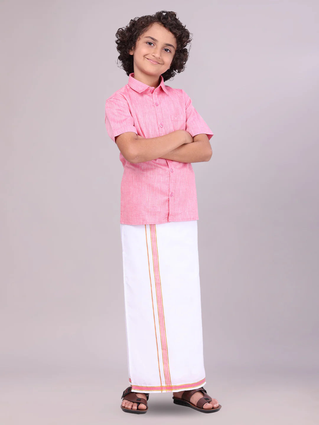 Minister White's Father & Son Cotton Shirt with Matching Border Dhoti Combo