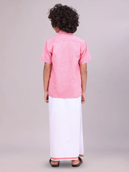 Minister White's Father & Son Cotton Shirt with Matching Border Dhoti Combo
