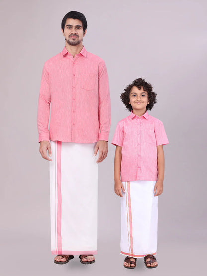 Minister White's Father & Son Cotton Shirt with Matching Border Dhoti Combo