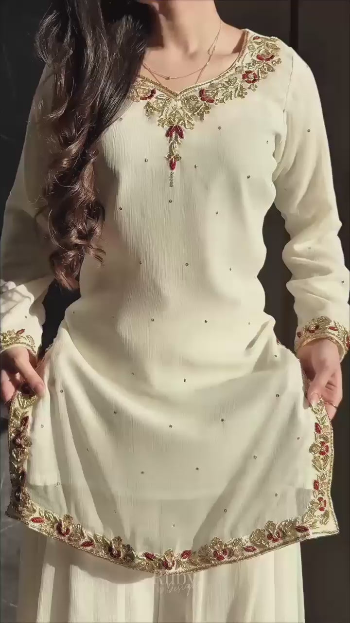 Women Wastra's Fox Georgette Top, Sharara & Dupatta Set