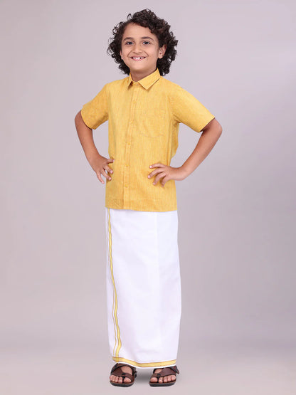 Minister White's Father & Son Cotton Shirt with Matching Border Dhoti Combo