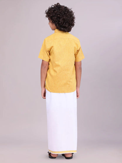 Minister White's Father & Son Cotton Shirt with Matching Border Dhoti Combo